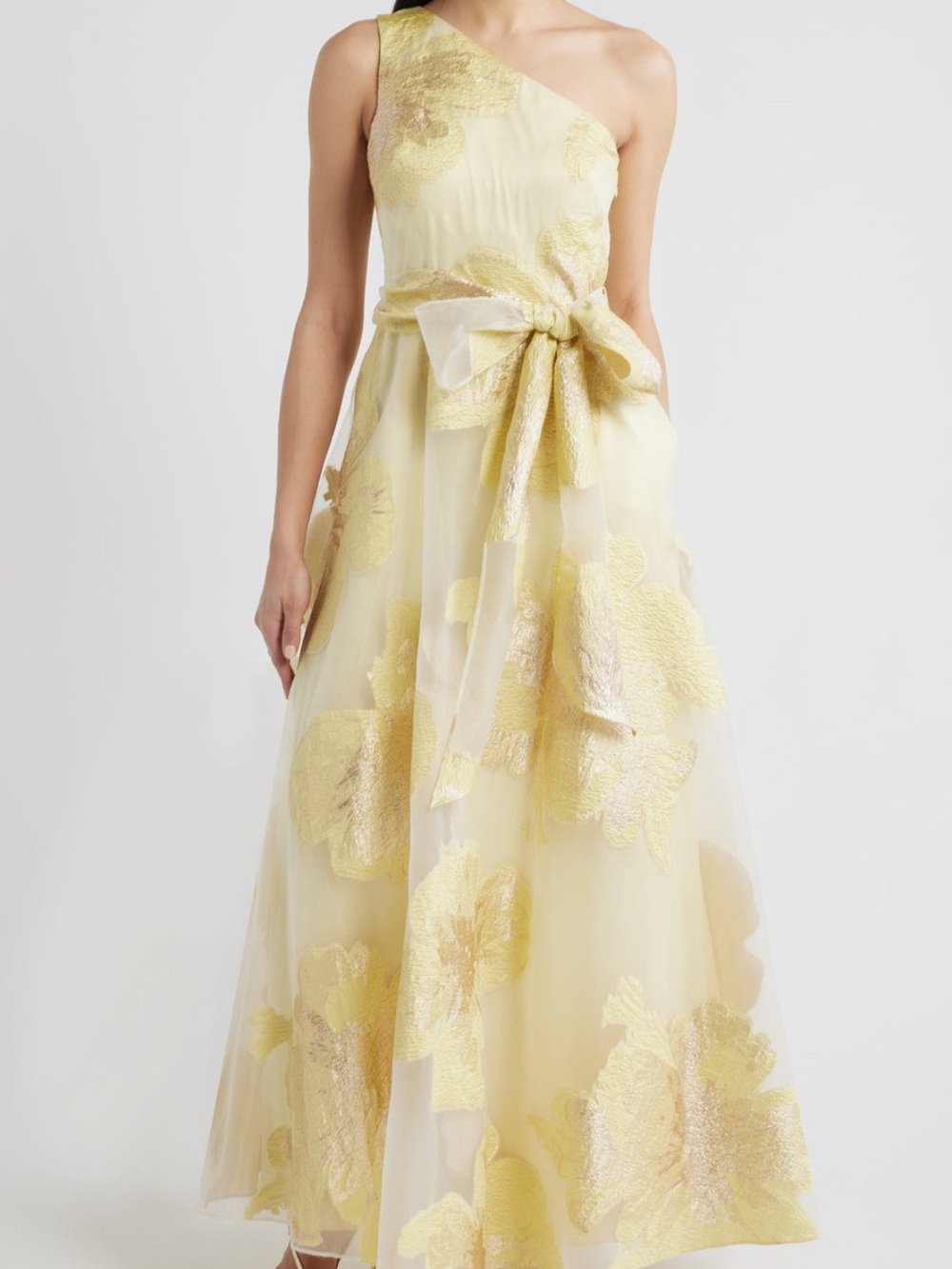 Eliza J One-Shoulder Pale Yellow Metallic Floral Organza Gown